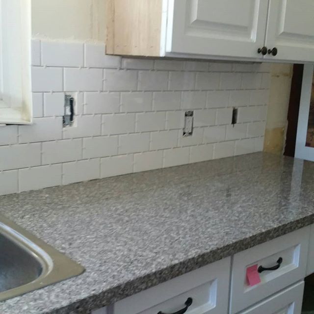 Backsplash started. Moving back into kitchen this weekend! #Kitchenremodel #subwaytile