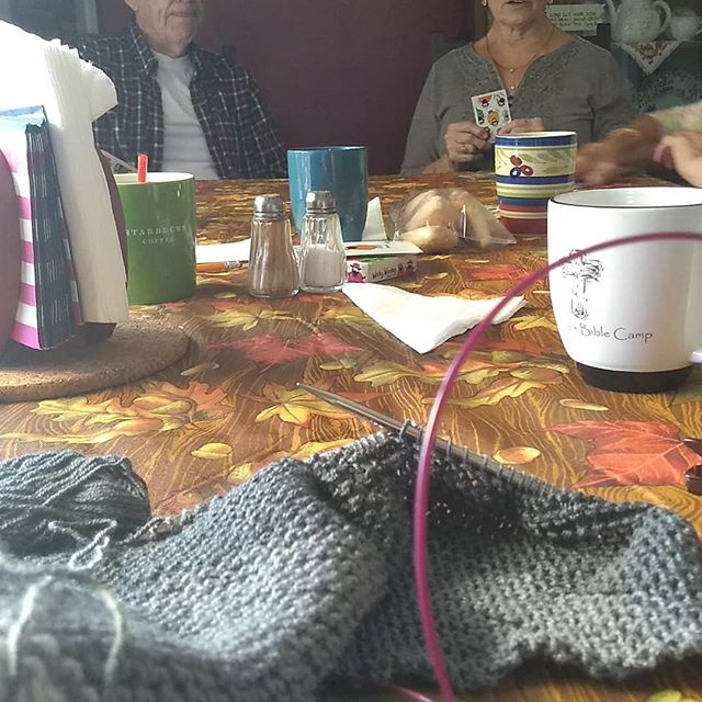 Knitting and watching a game of Euchre