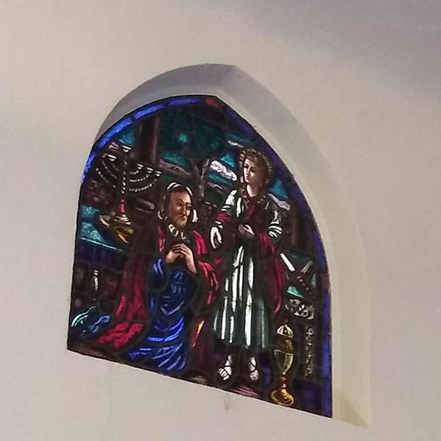 Ok smart people who attend Presbyterian churches, what does this window depict? Window before is His birth and after is His baptism. ??